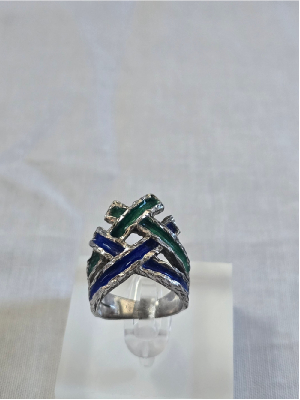 Vintage Mexican Sterling Silver Blue Green Enamel Brutalist Ring Size 5.5